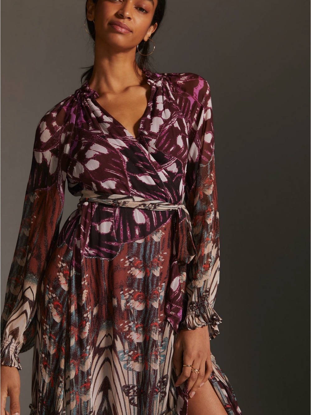 Anthropologie Floral-Print Wrap Maxi Dress in Plum and Brown